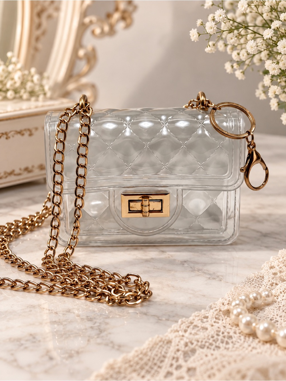 Clear Quilted Mini Crossbody Bag with Gold-Tone Chain Strap – Y2K Chic